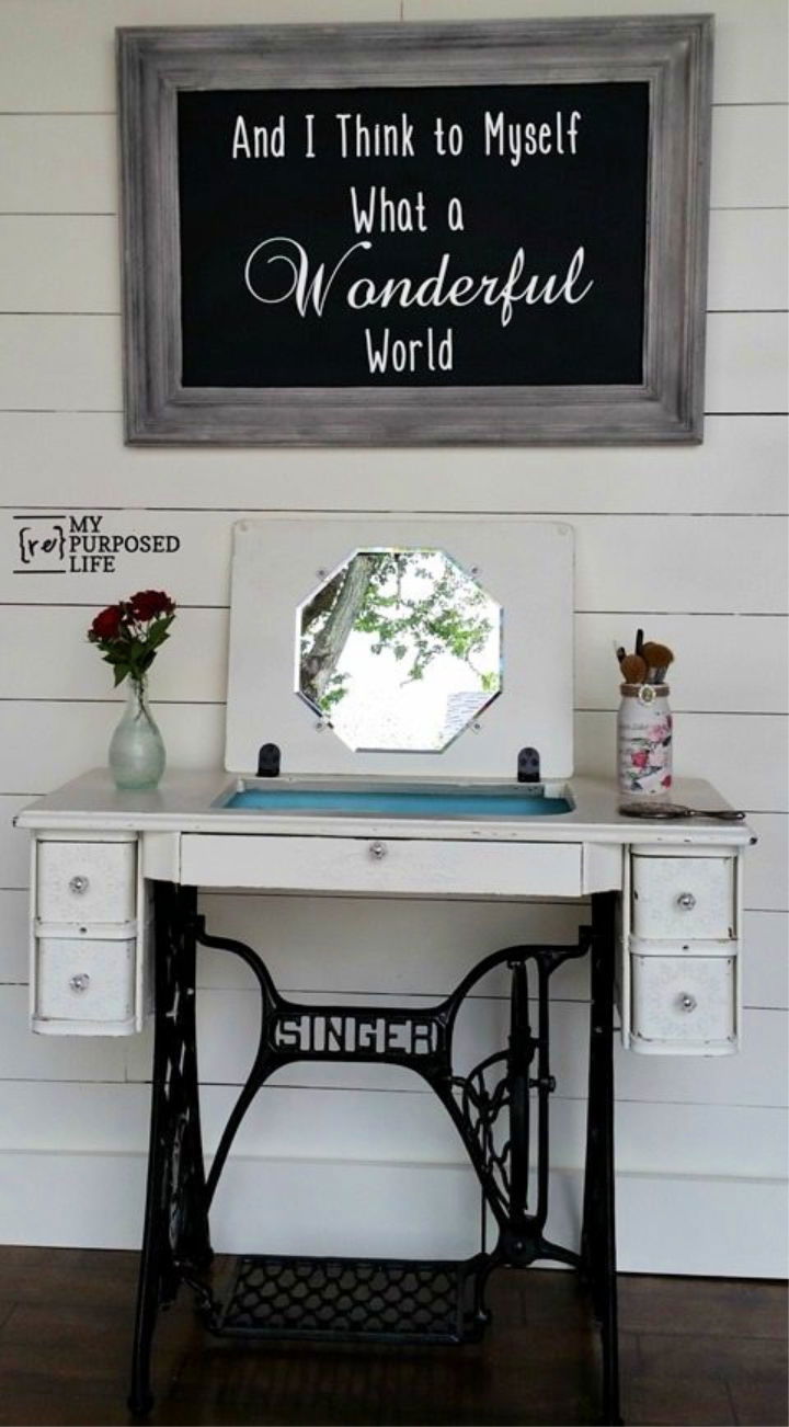 singer sewing machine desktable into makeup vanity
